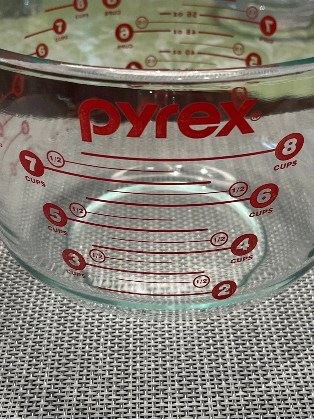 Pyrex Clear Glass Measuring Bowl with Red Lid and Red Markings